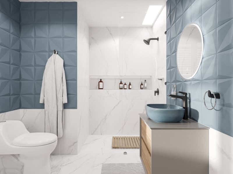 Diseño de baño moderno con pared decorada