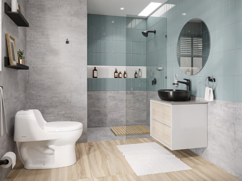 Baño atemporal con accesorios negros