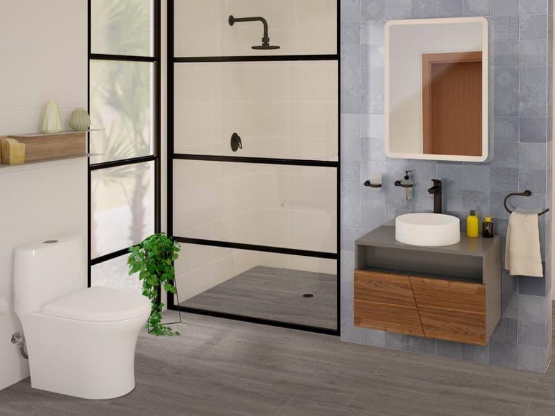 Ambiente de baño moderno con tonos azules