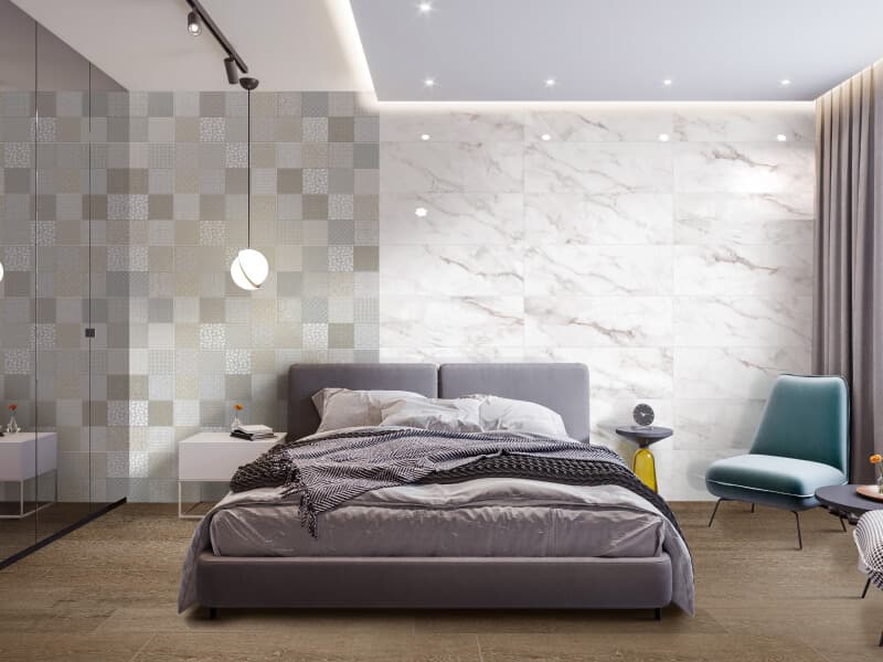 Alcoba moderna con pared decorada en tono café