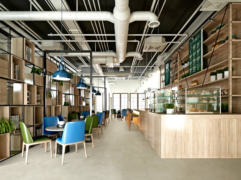 Café librería de diseño industrial de piso gris