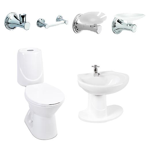 Combo Happy II Blanco: sanitario, lavamanos con semipedestal, grifería y accesorios