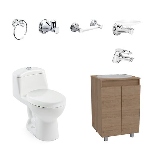 Combo Smart RD: Sanitario con taza redonda, mueble a piso con lavamanos, grifería y accesorios
