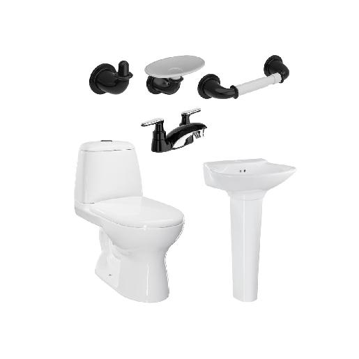 Combo Ecoclean Single II Negro: Sanitario con taza alongada, lavamanos con pedestal, grifería y accesorios