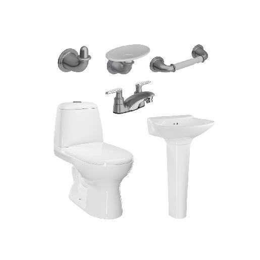 Combo Ecoclean Single II Gris: Sanitario con taza alongada, lavamanos con pedestal, grifería y accesorios