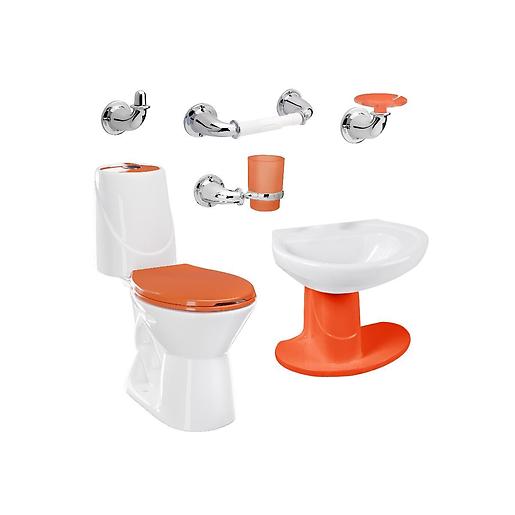 Combo Happy Home Naranja: sanitario, lavamanos con semipedestal, grifería y accesorios