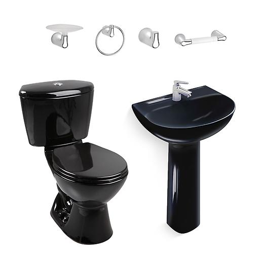 Combo Manantial Negro: sanitario, lavamanos con pedestal, grifería y accesorios